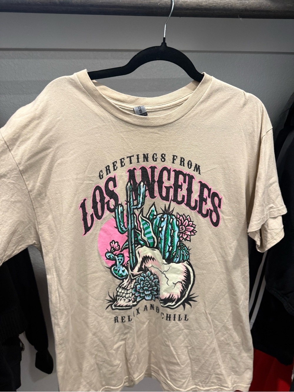 Gildan Beige Los Angeles Cactus Graphic Tee with Pink & Green